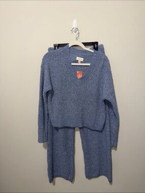 State of Day Chenille Cozy vneck with Straight-Leg sweater Set - Dusty Blue